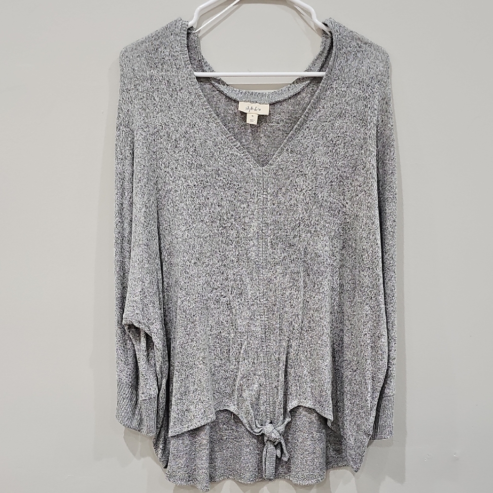 Gray V-Neck Sweater with Tie Hem